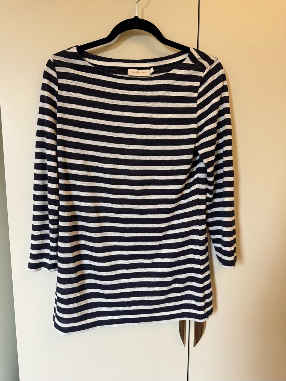Tory Burch Top Shirt Long Sleeve Pure Linen Pullover Striped Navy Blue White L - Picture 3 of 5